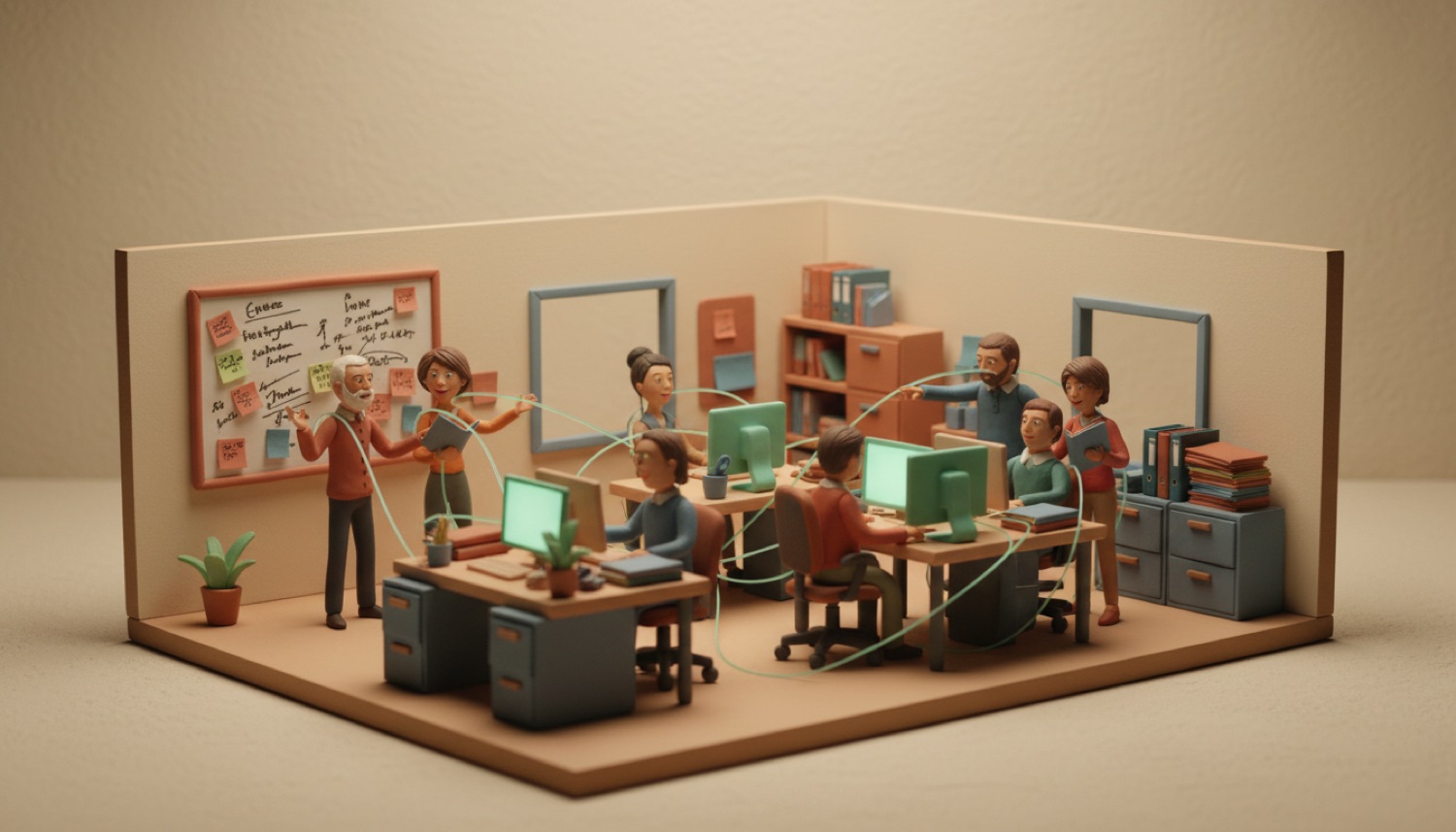 Una oficina de plastilina vista como un diorama abierto: seis compañeros trabajando juntos —en la pizarra, en las pantallas, señalando sobre el hombro de otro— con hilos verdes que los conectan entre sí y con todos los sistemas