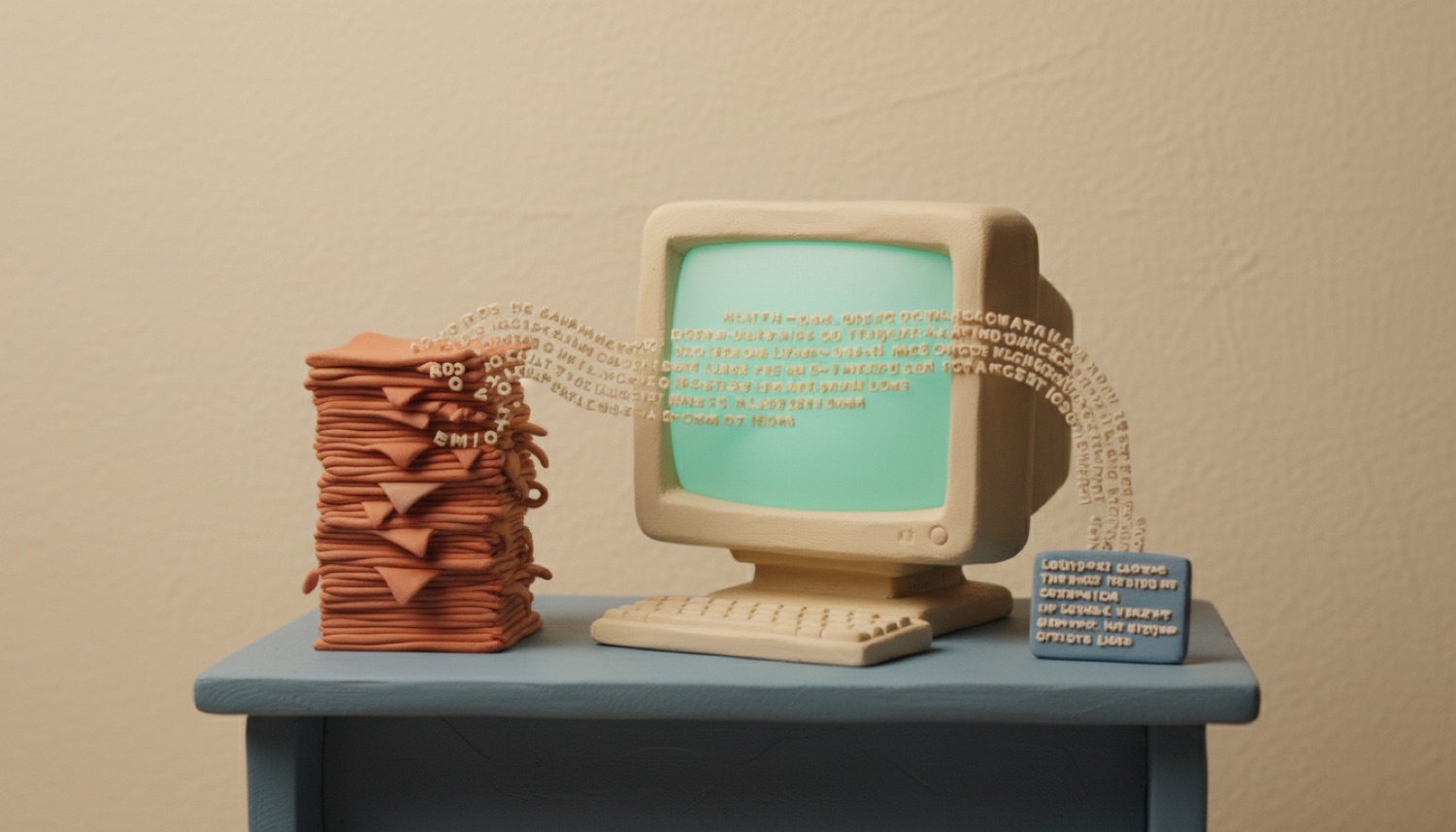 Un ordenador de plastilina con la pantalla llena de texto escribiéndose solo; una pila de documentos se deshace en letras que entran en la pantalla y salen como datos ordenados