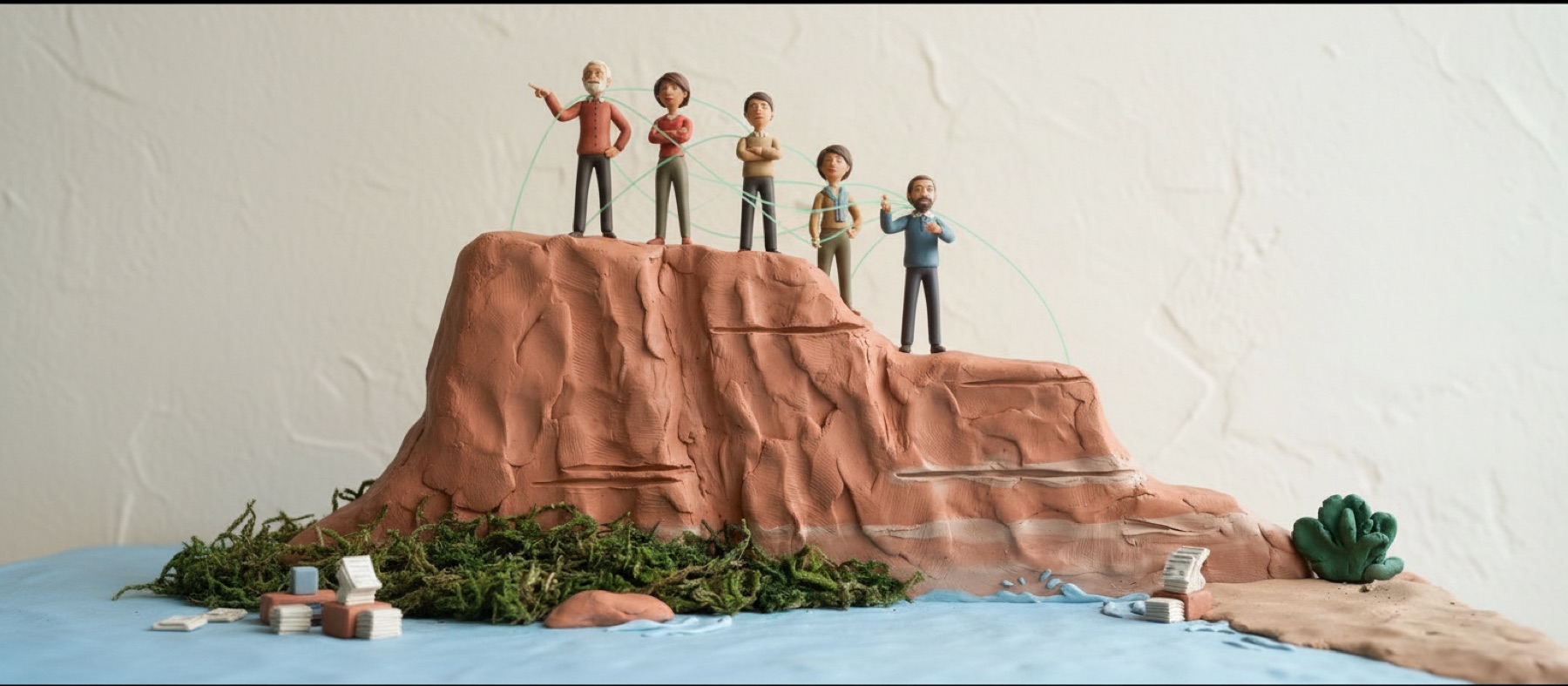 Tu equipo de plastilina en lo alto de una meseta, erguidos y al mando, conectados por hilos verdes; muy abajo, un mar tranquilo donde las máquinas hacen solas el trabajo escrito, y en la roca las marcas antiguas de por dónde iba el nivel