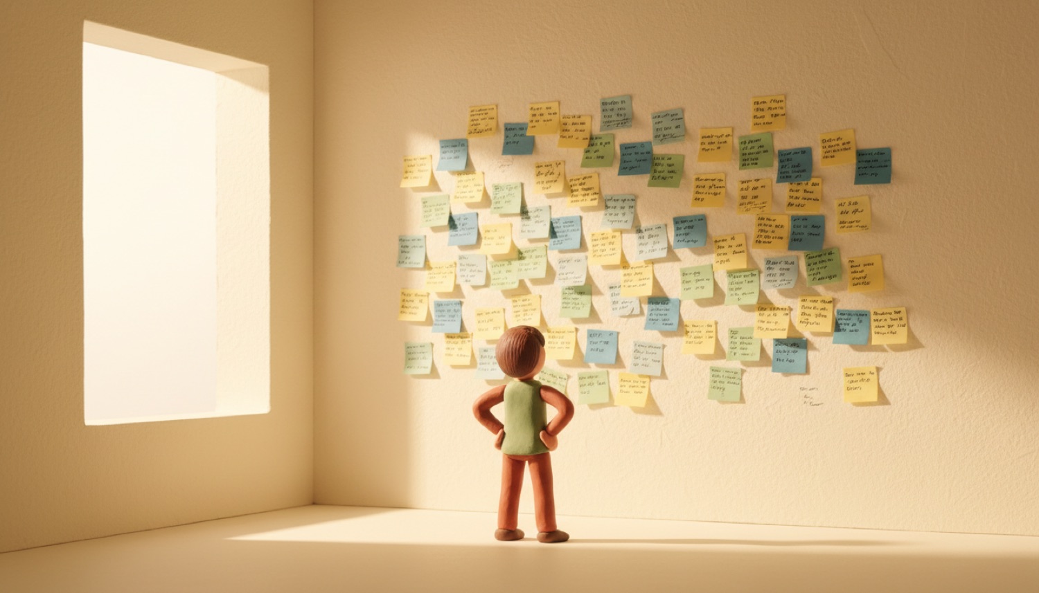 Una pared iluminada por la ventana, cubierta de decenas de notas adhesivas sin tachar ni conectar, y una persona pequeña de plastilina mirándolas con las manos en la cintura