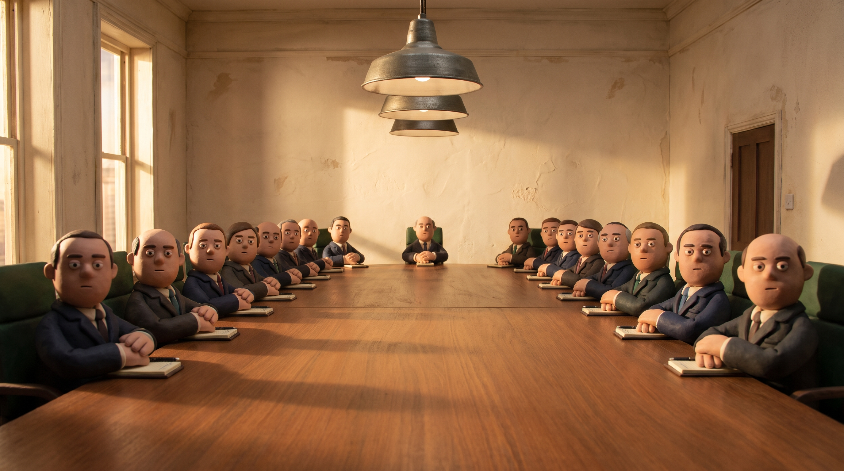 Veinte pequeños directivos de plastilina sentados alrededor de una mesa de reuniones enorme, todos muy serios